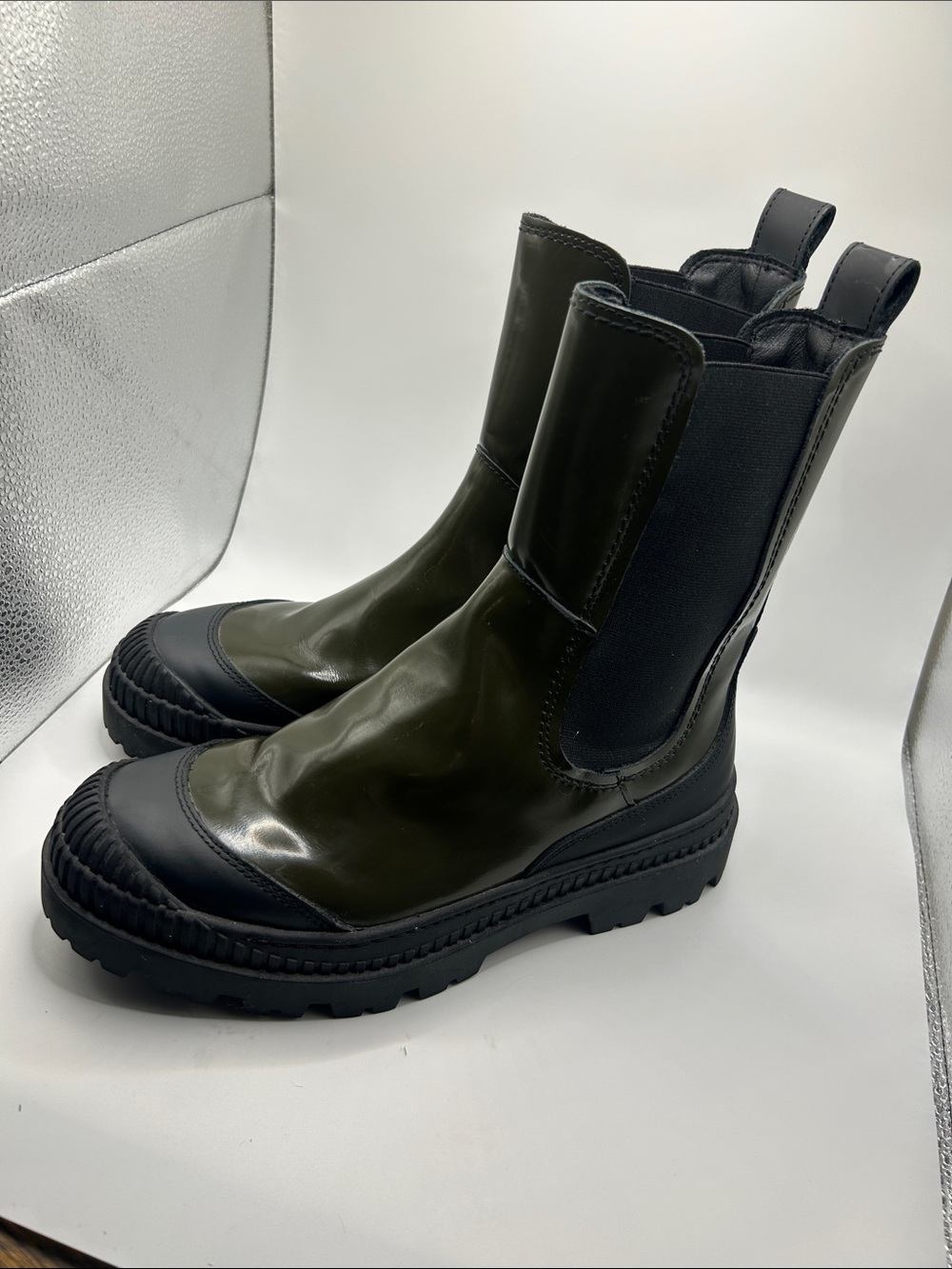 Scotch & Soda olive green leather and black combat boots Connie size 7.5 US moto - Picture 2 of 9